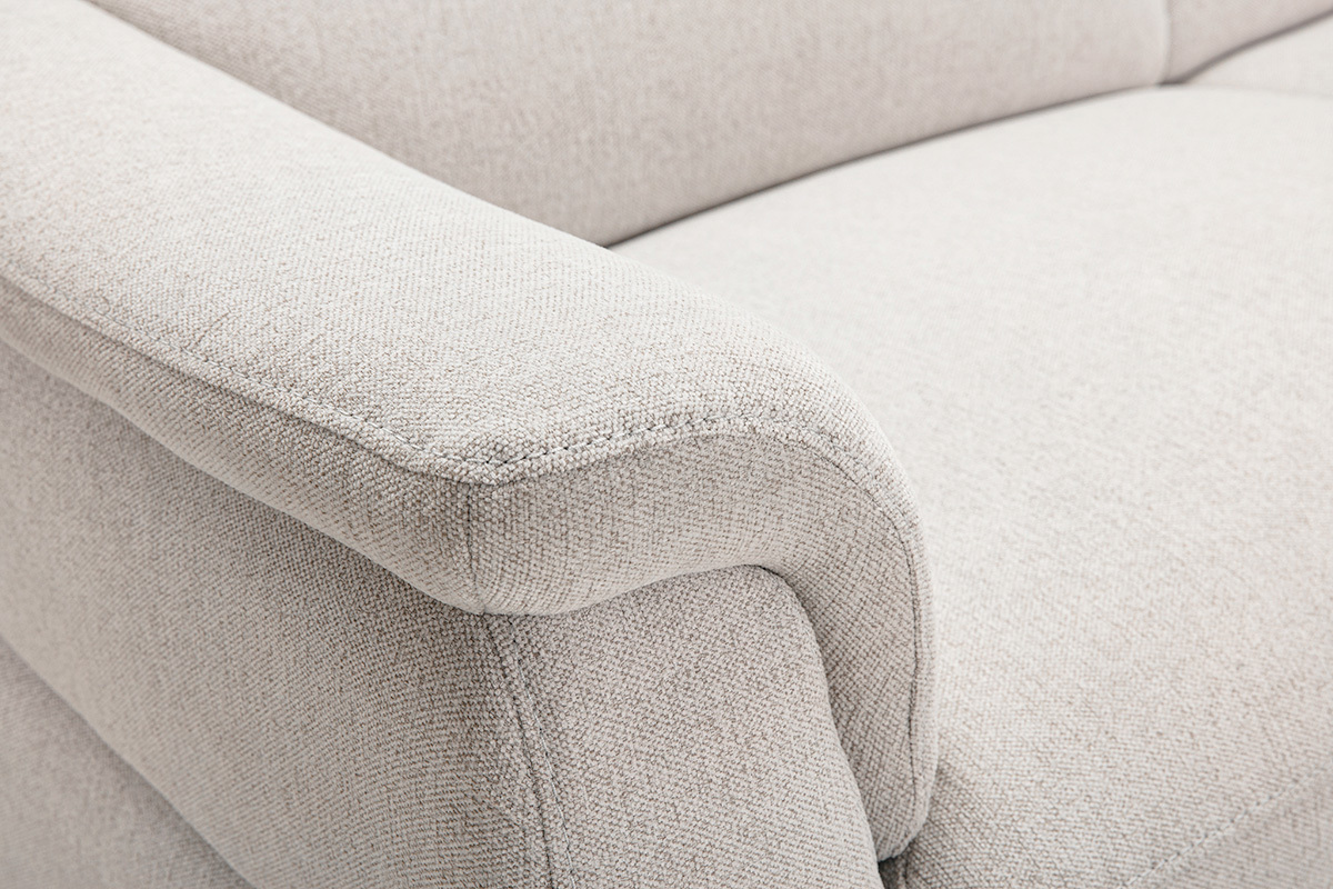 Canap� �lectrique 3 places avec t�ti�res ajustables et repose-pieds en tissu effet velours textur� beige et m�tal VERBIER