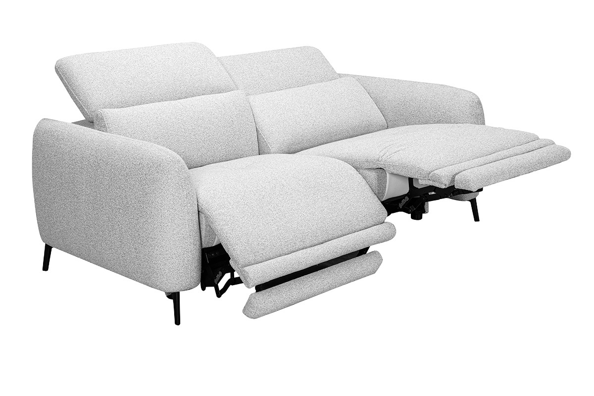 Canap� �lectrique 3 places avec t�ti�res ajustables et repose-pieds en tissu effet velours textur� gris clair et m�tal TIGNES