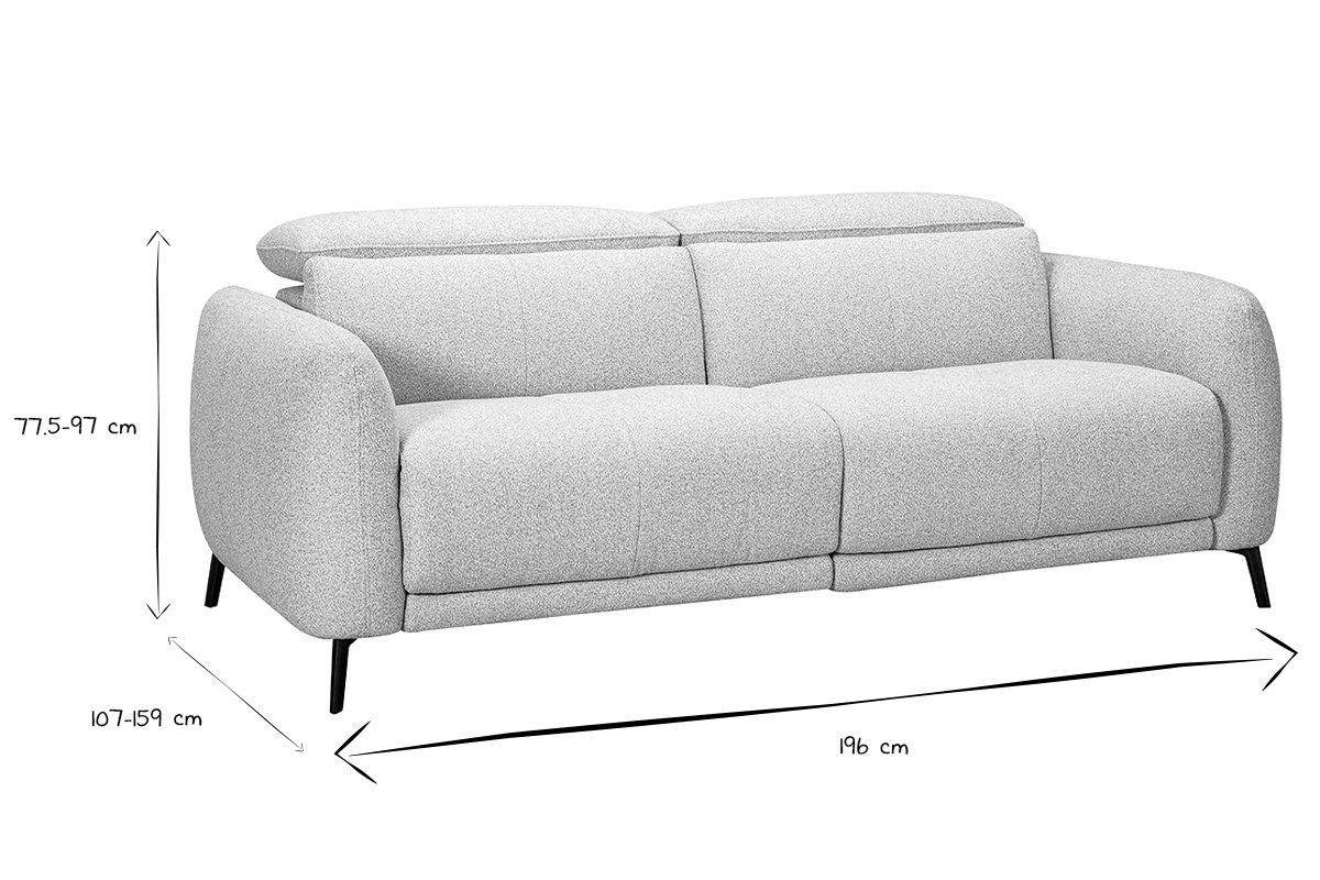 Canap� �lectrique 3 places avec t�ti�res ajustables et repose-pieds en tissu effet velours textur� gris clair et m�tal TIGNES