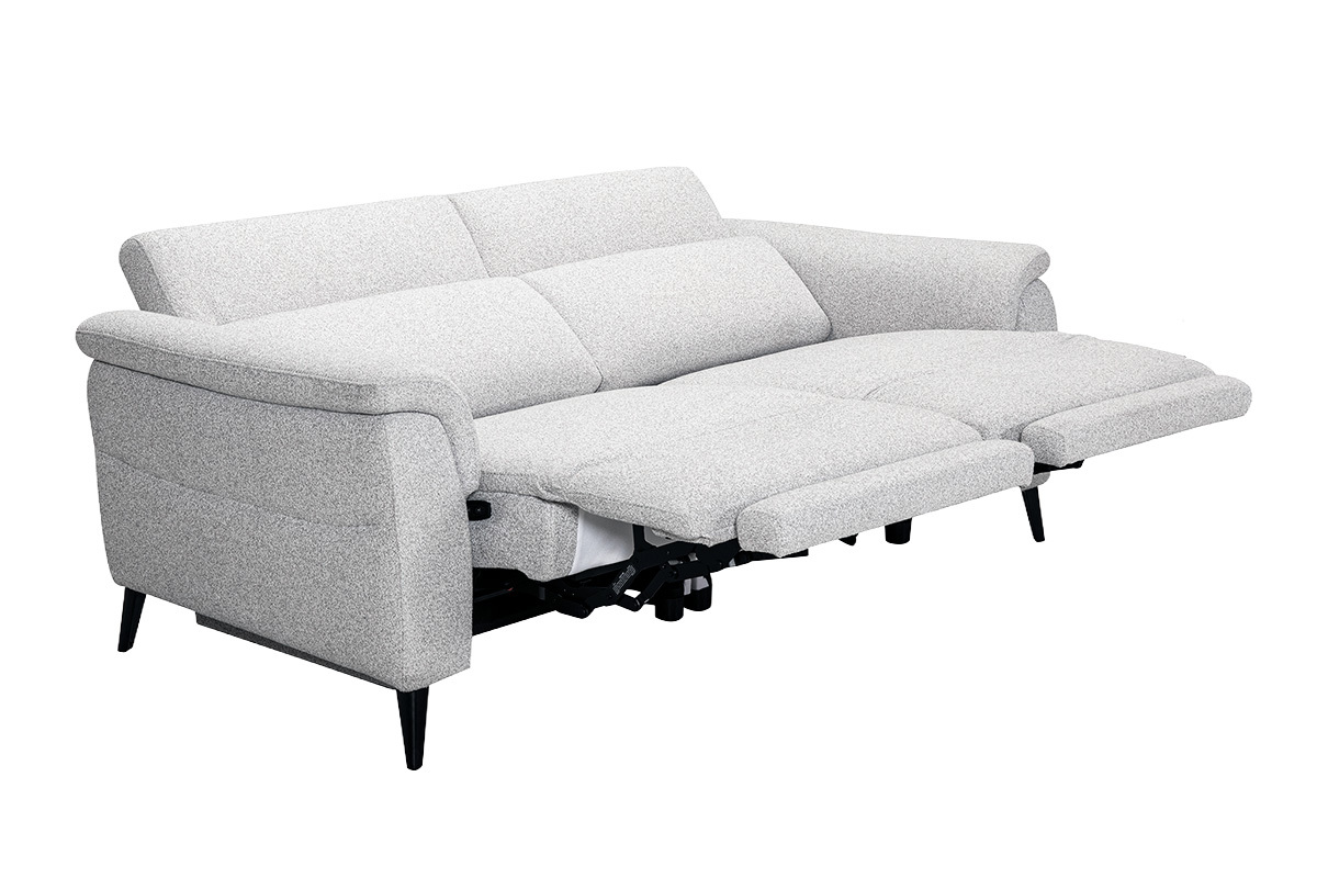 Canap� �lectrique 3 places avec t�ti�res ajustables et repose-pieds en tissu effet velours textur� gris clair et m�tal VERBIER