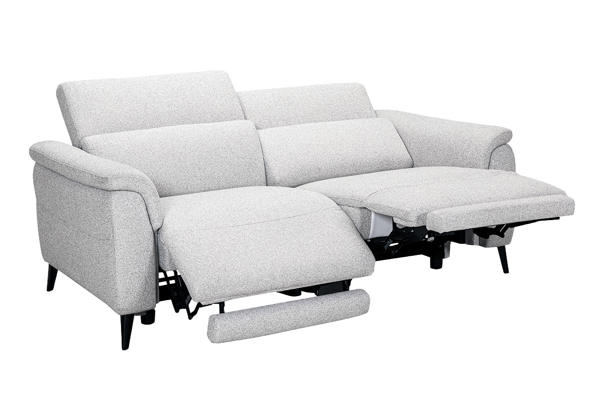 Canap� �lectrique 3 places avec t�ti�res ajustables et repose-pieds en tissu effet velours textur� gris clair et m�tal VERBIER