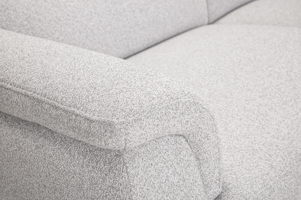 Canap� �lectrique 3 places avec t�ti�res ajustables et repose-pieds en tissu effet velours textur� gris clair et m�tal VERBIER