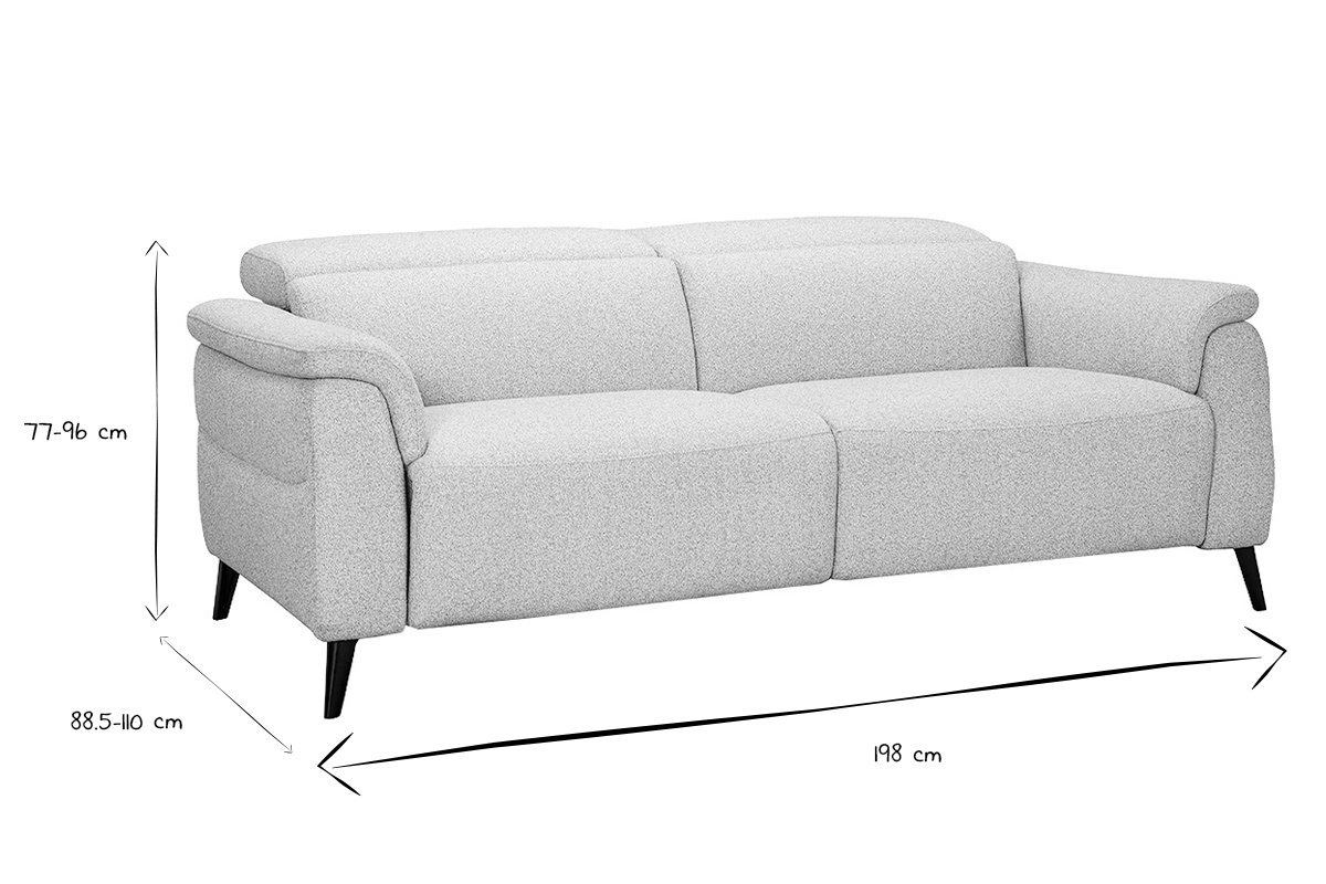 Canap� �lectrique 3 places avec t�ti�res ajustables et repose-pieds en tissu effet velours textur� gris clair et m�tal VERBIER