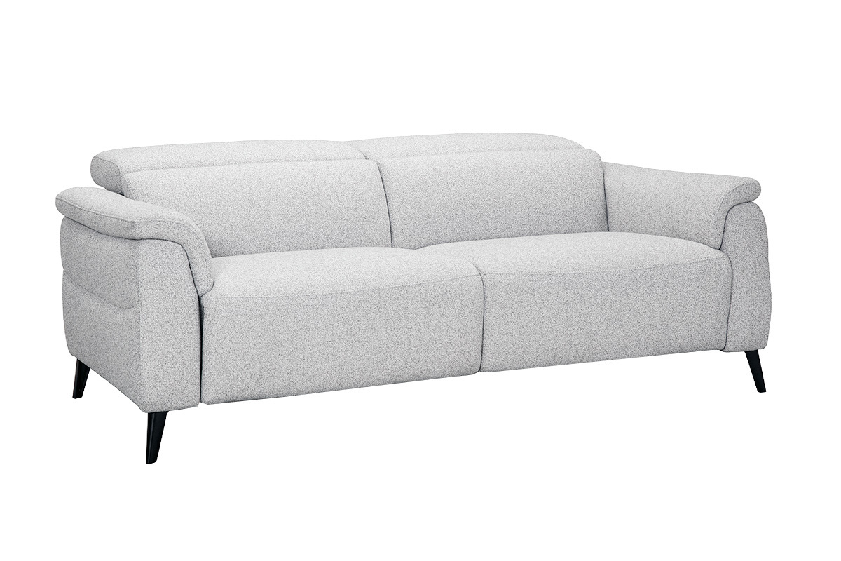 Canap� �lectrique 3 places avec t�ti�res ajustables et repose-pieds en tissu effet velours textur� gris clair et m�tal VERBIER