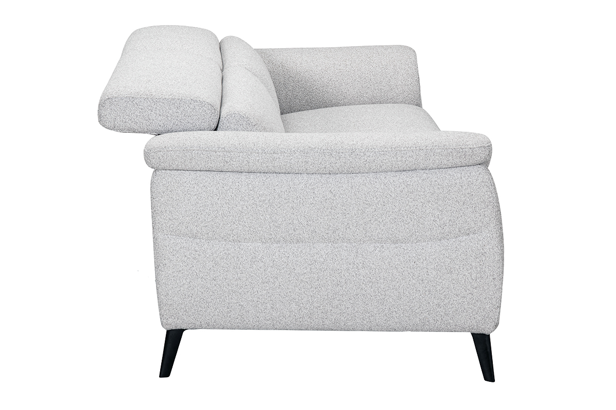Canap� �lectrique 3 places avec t�ti�res ajustables et repose-pieds en tissu effet velours textur� gris clair et m�tal VERBIER