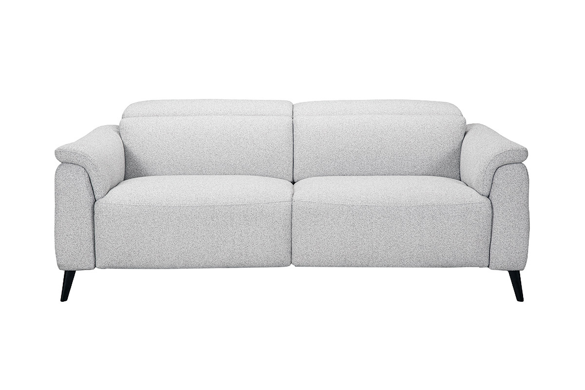 Canap� �lectrique 3 places avec t�ti�res ajustables et repose-pieds en tissu effet velours textur� gris clair et m�tal VERBIER