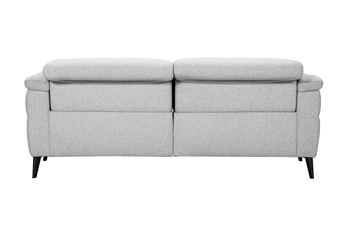 Canap� �lectrique 3 places avec t�ti�res ajustables et repose-pieds en tissu effet velours textur� gris clair et m�tal VERBIER