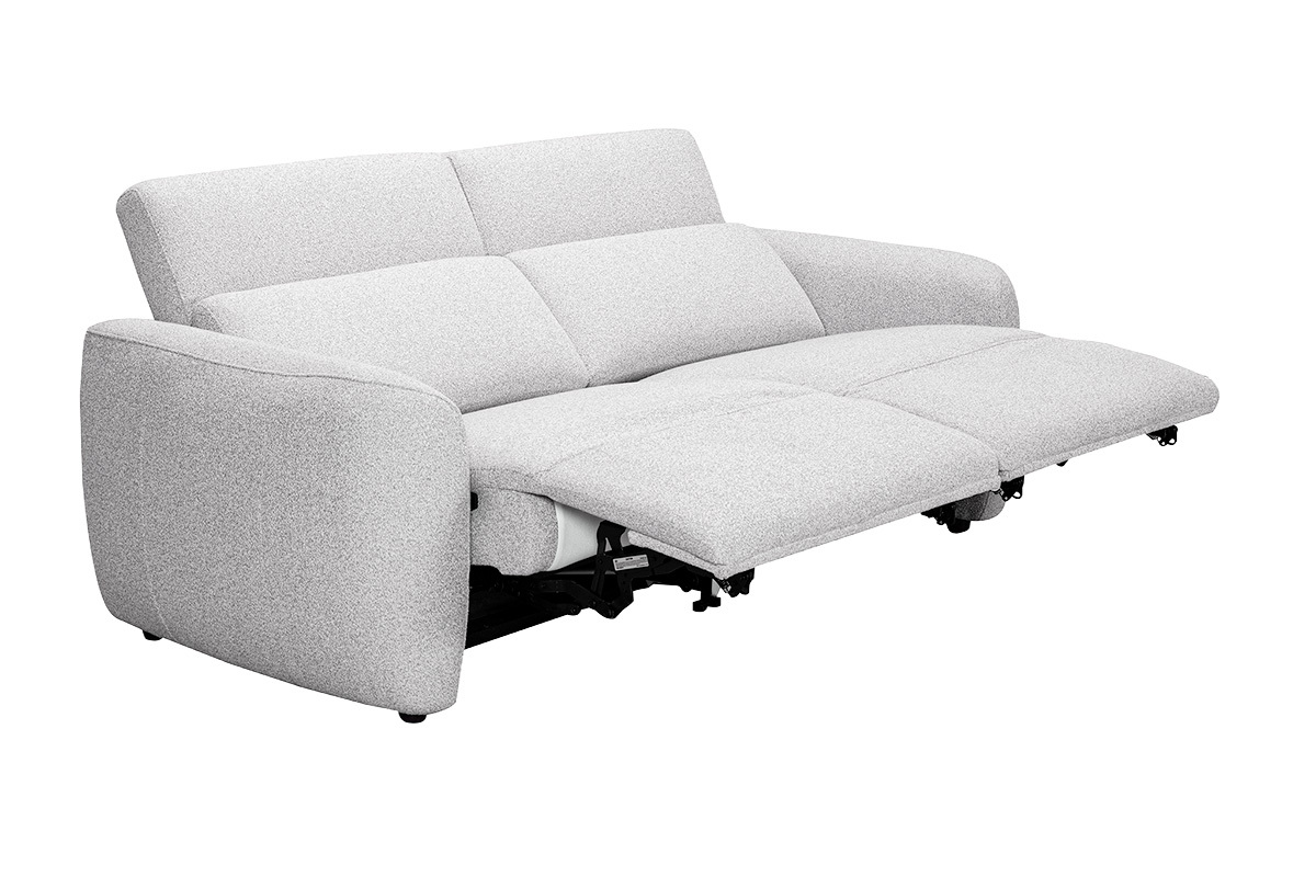 Canap� �lectrique 3 places avec t�ti�res ajustables et repose-pieds en tissu effet velours textur� gris clair MORZINE