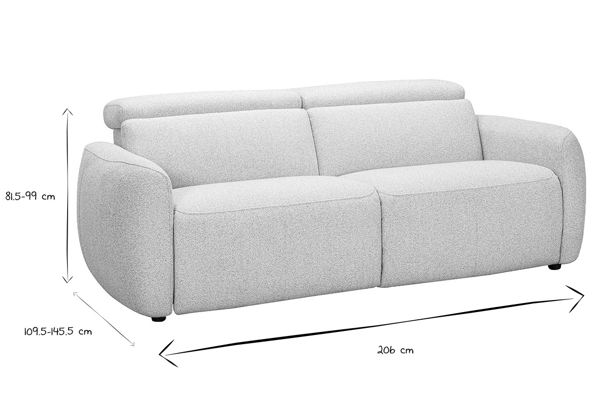 Canap� �lectrique 3 places avec t�ti�res ajustables et repose-pieds en tissu effet velours textur� gris clair MORZINE