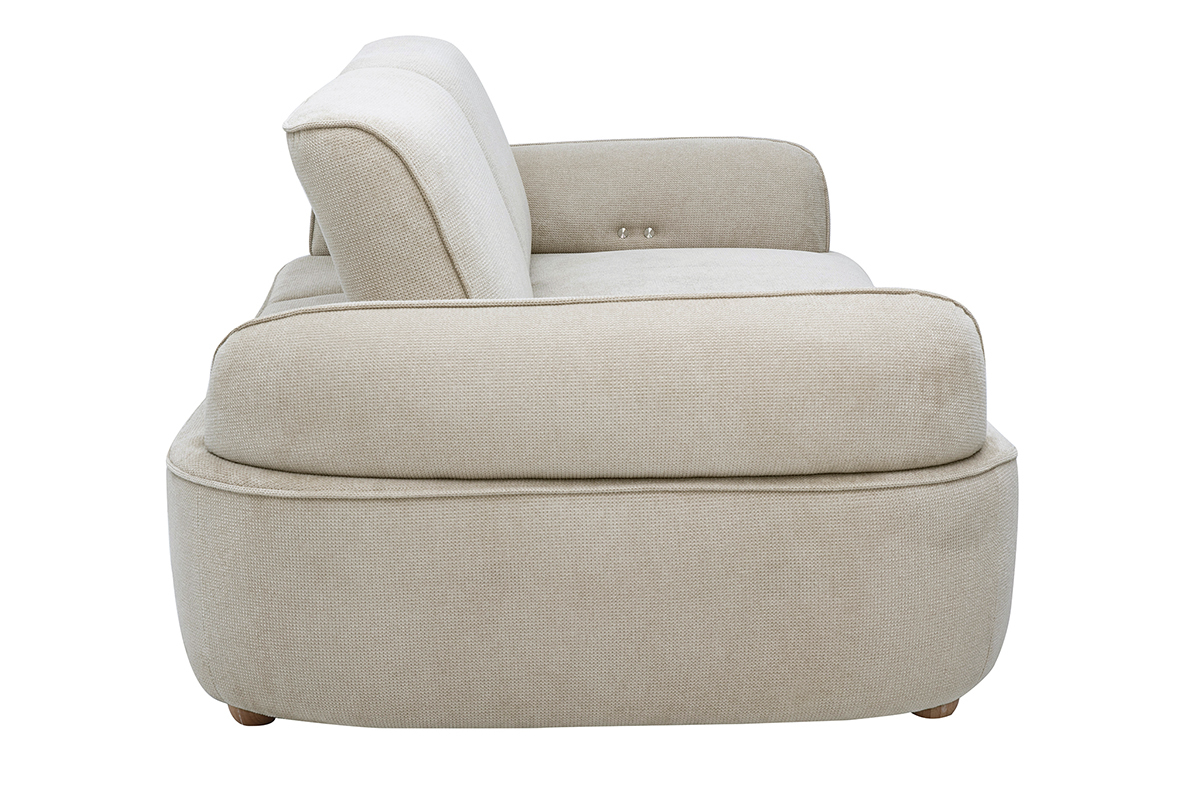 Canap� �lectrique 3 places dossier avance-recule en tissu chenille beige et bois clair OTIS