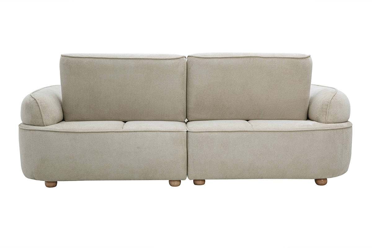 Canap� �lectrique 3 places dossier avance-recule en tissu chenille beige et bois clair OTIS