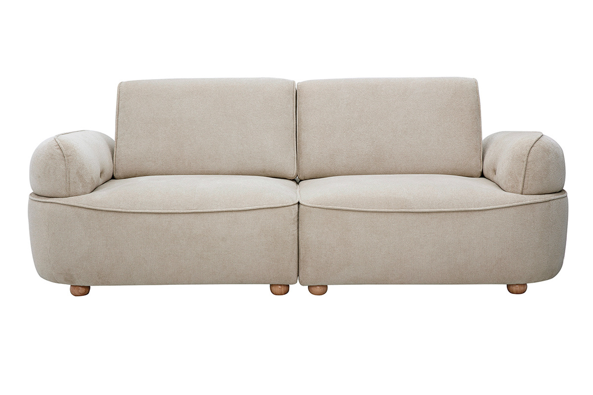 Canap� �lectrique 3 places dossier avance-recule en tissu chenille beige et bois clair OTIS