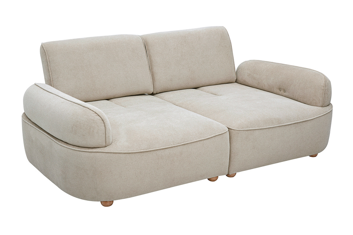 Canap� �lectrique 3 places dossier avance-recule en tissu chenille beige et bois clair OTIS
