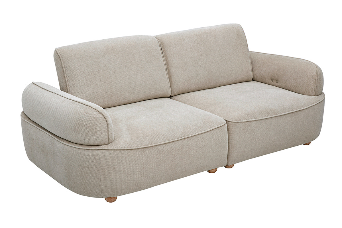 Canap� �lectrique 3 places dossier avance-recule en tissu chenille beige et bois clair OTIS