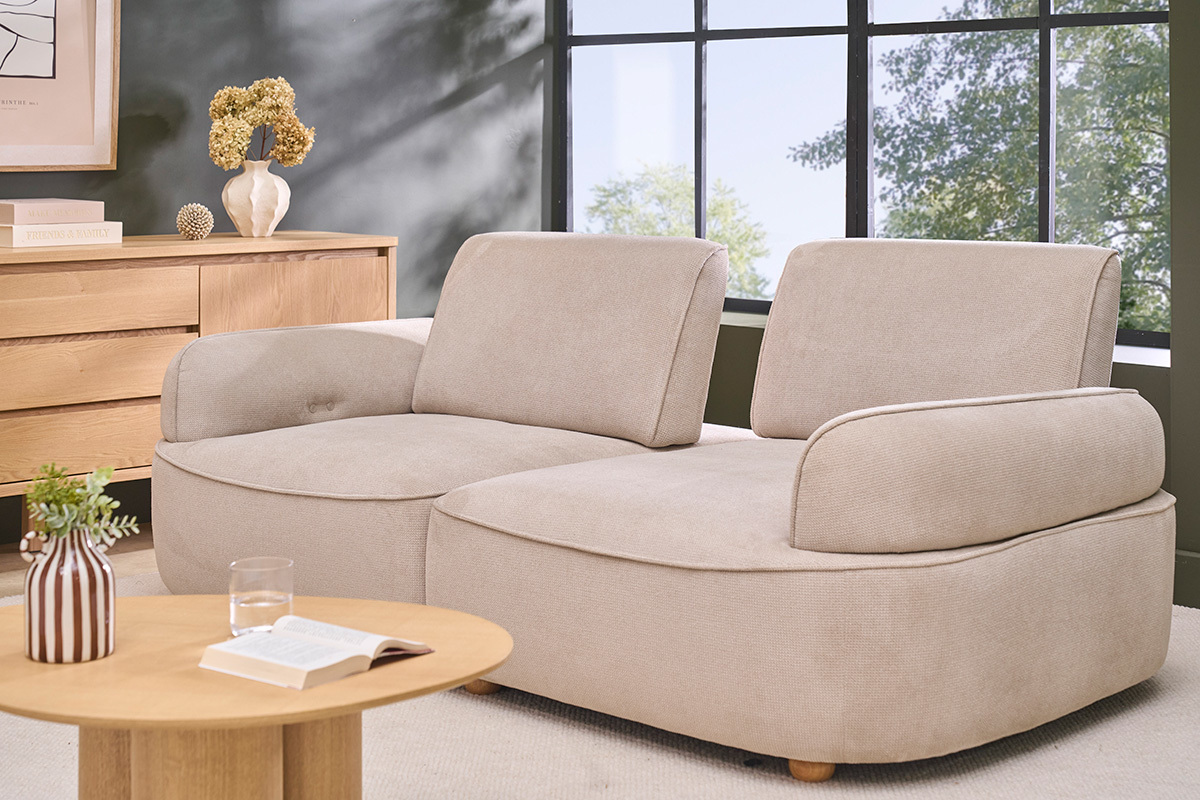 Canap� �lectrique 3 places dossier avance-recule en tissu chenille beige et bois clair OTIS
