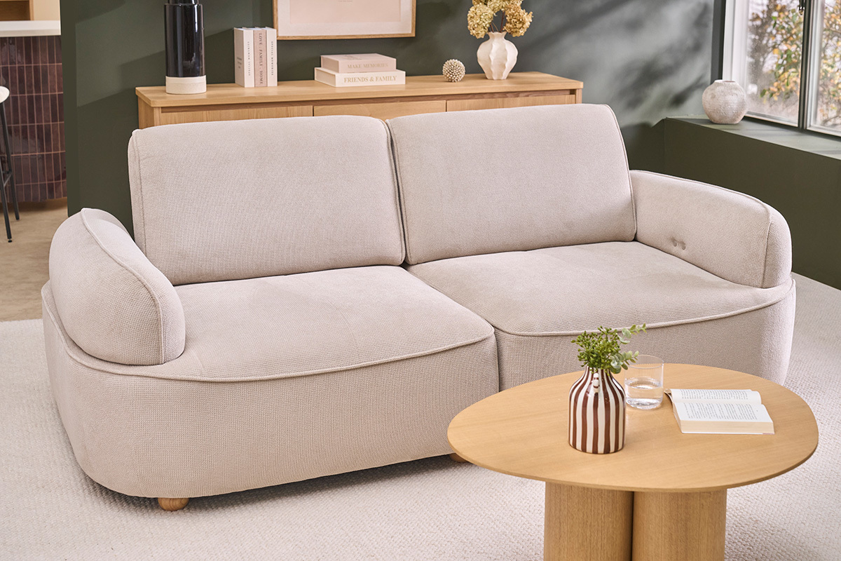 Canap� �lectrique 3 places dossier avance-recule en tissu chenille beige et bois clair OTIS