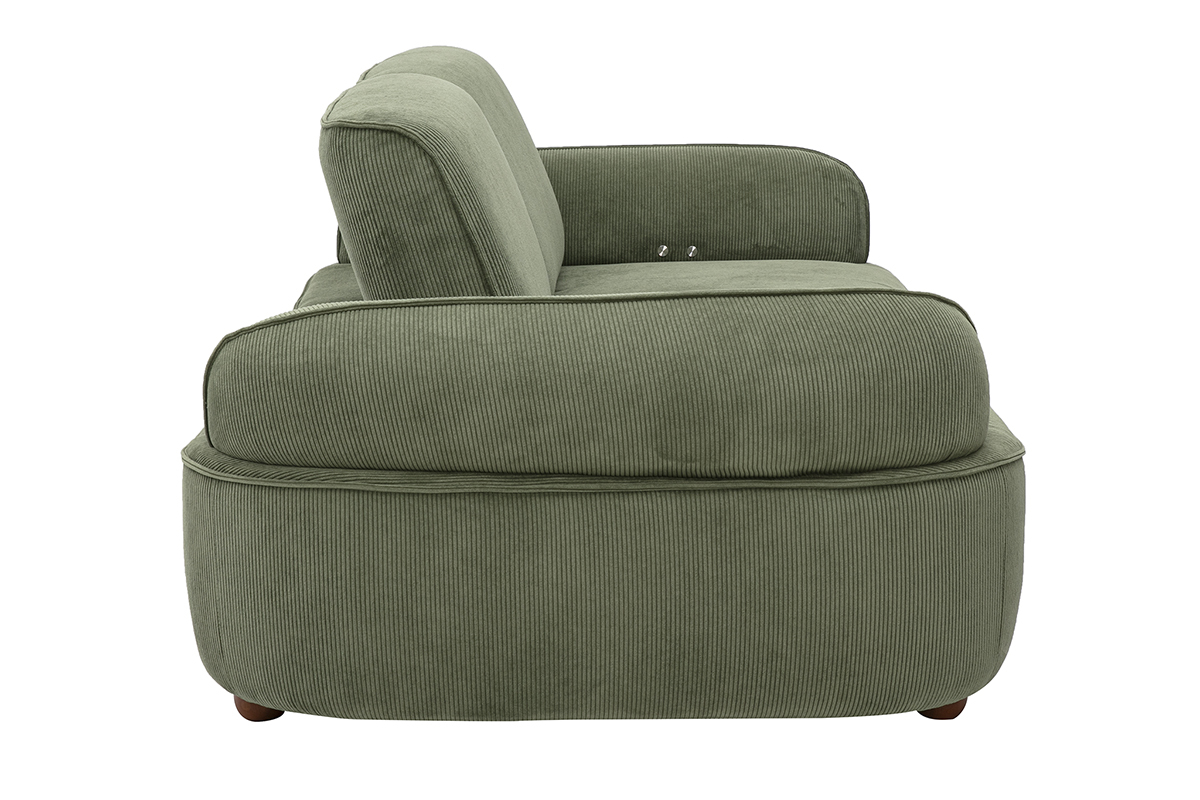 Canap� �lectrique 3 places dossier avance-recule en tissu velours c�tel� vert kaki et bois fonc� OTIS