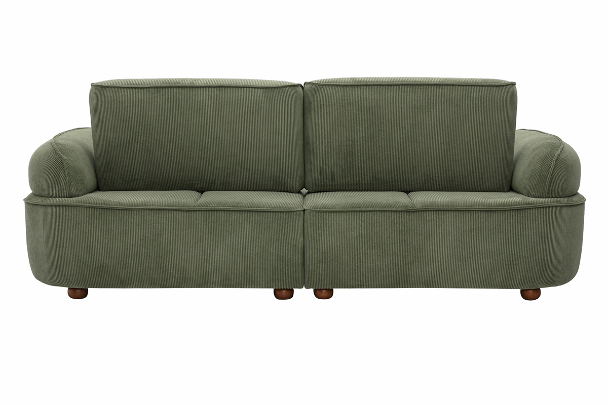 Canap� �lectrique 3 places dossier avance-recule en tissu velours c�tel� vert kaki et bois fonc� OTIS