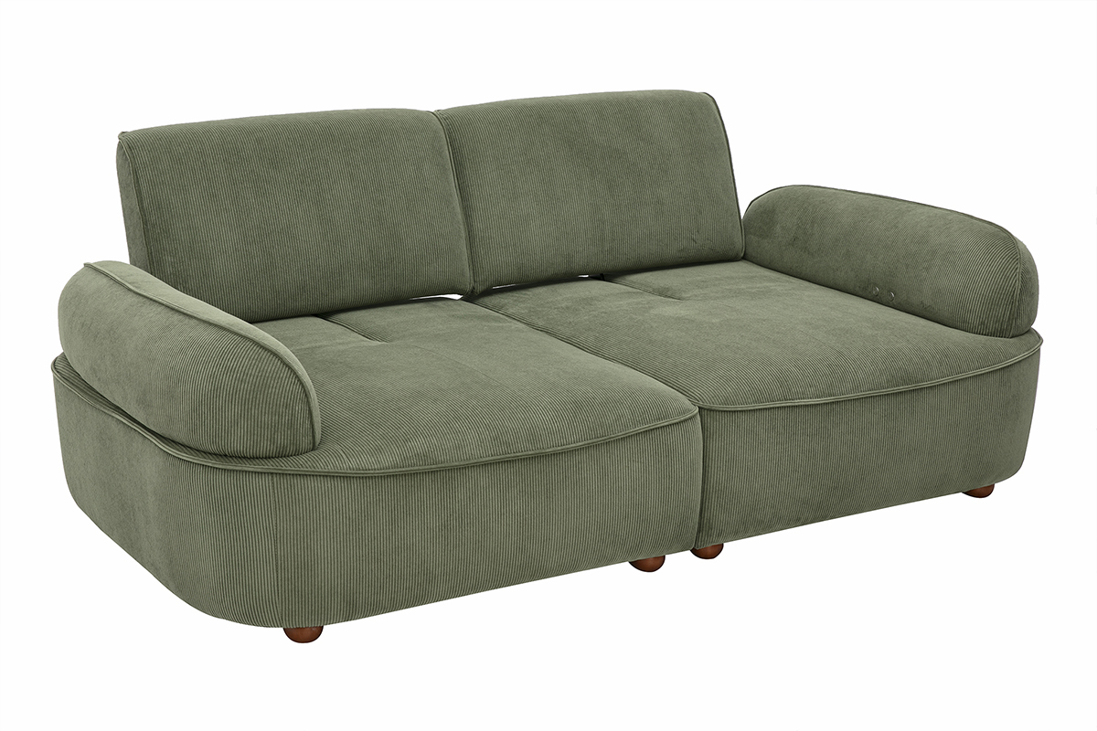 Canap� �lectrique 3 places dossier avance-recule en tissu velours c�tel� vert kaki et bois fonc� OTIS
