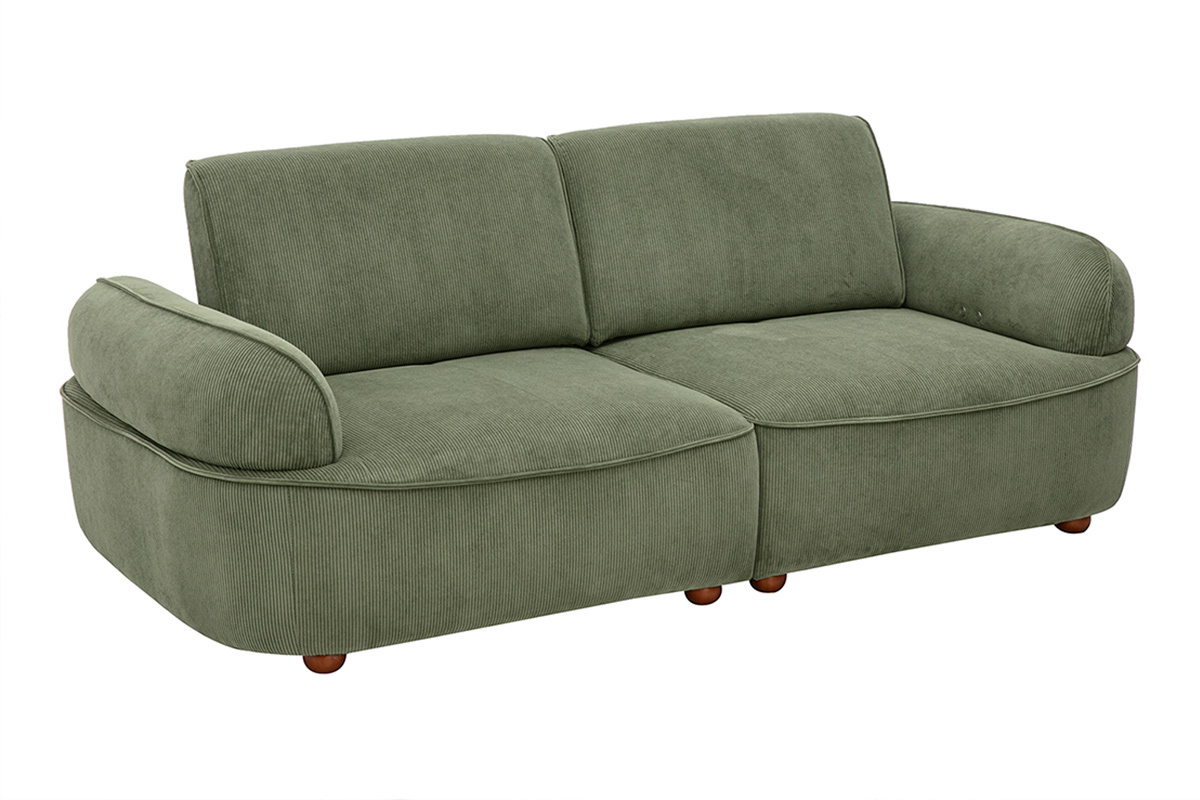 Canap� �lectrique 3 places dossier avance-recule en tissu velours c�tel� vert kaki et bois fonc� OTIS