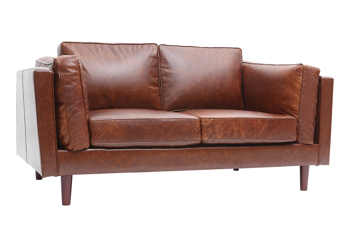 Canap en cuir vintage 2 places marron CURTIS - cuir de vache