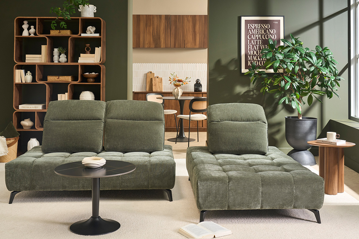 Canap� modulable 4 places avec t�ti�res ajustables en tissu effet velours vert kaki et m�tal noir OLMO