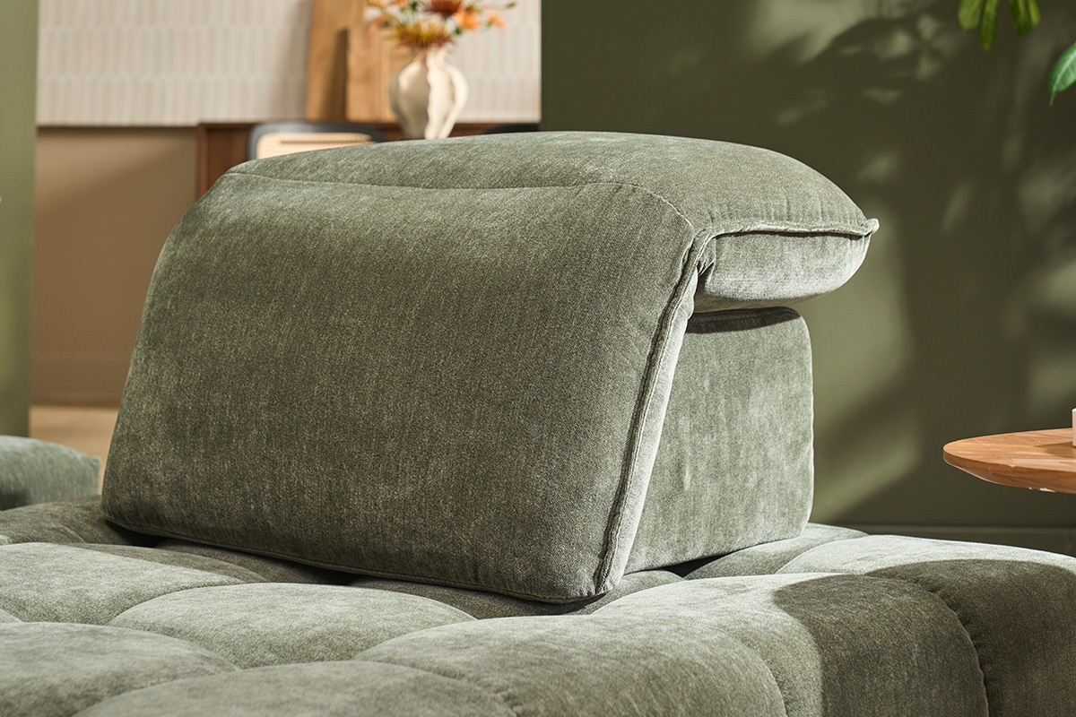 Canap� modulable 4 places avec t�ti�res ajustables en tissu effet velours vert kaki et m�tal noir OLMO