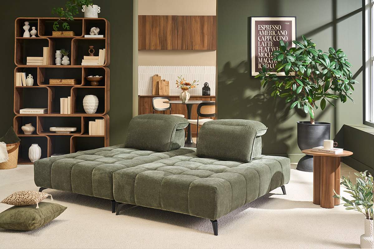 Canap� modulable 4 places avec t�ti�res ajustables en tissu effet velours vert kaki et m�tal noir OLMO