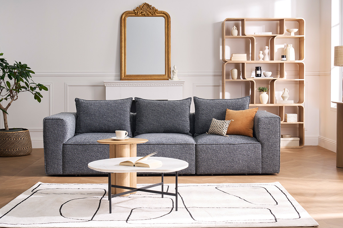 Canap� modulable 4 places en tissu effet velours textur� beige KERRY
