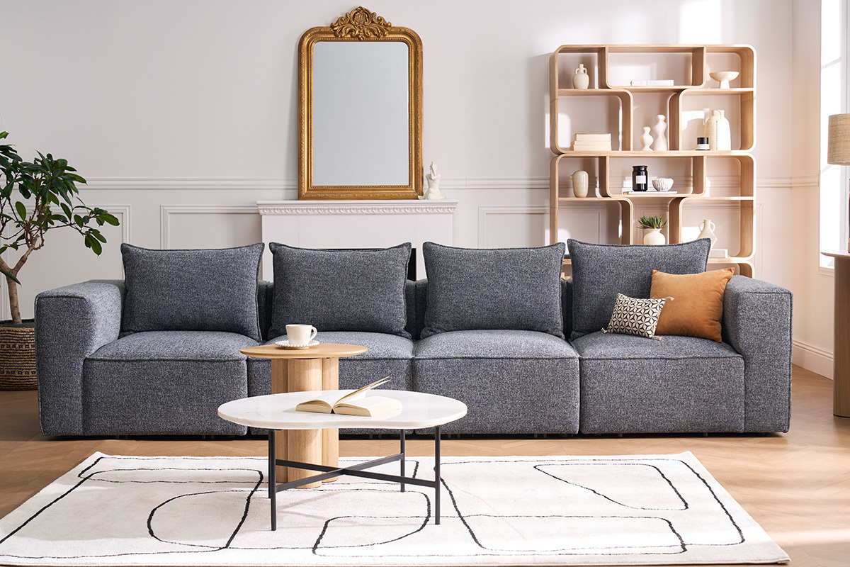 Canap modulable 5 places en tissu chin gris fonc KERRY