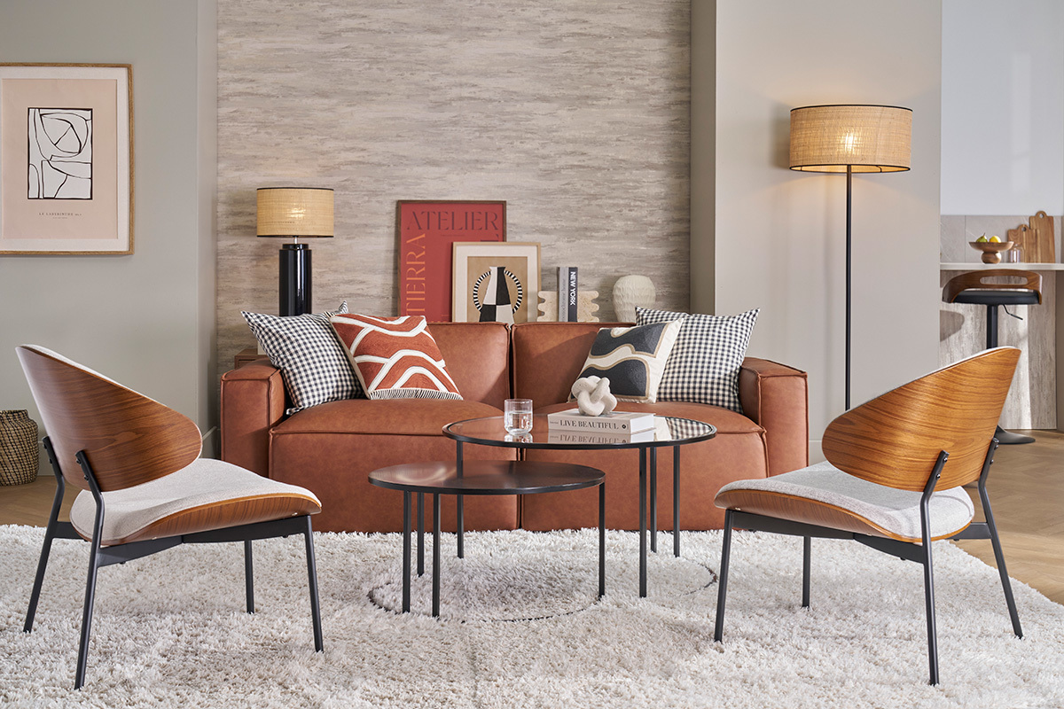 Canap modulable vintage 3 places en cuir marron SPLIT