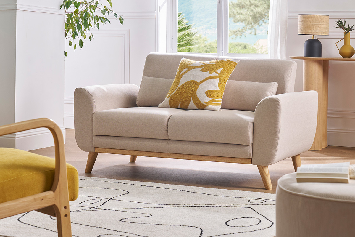 Canap scandinave 2 places en tissu beige et bois clair EKTOR