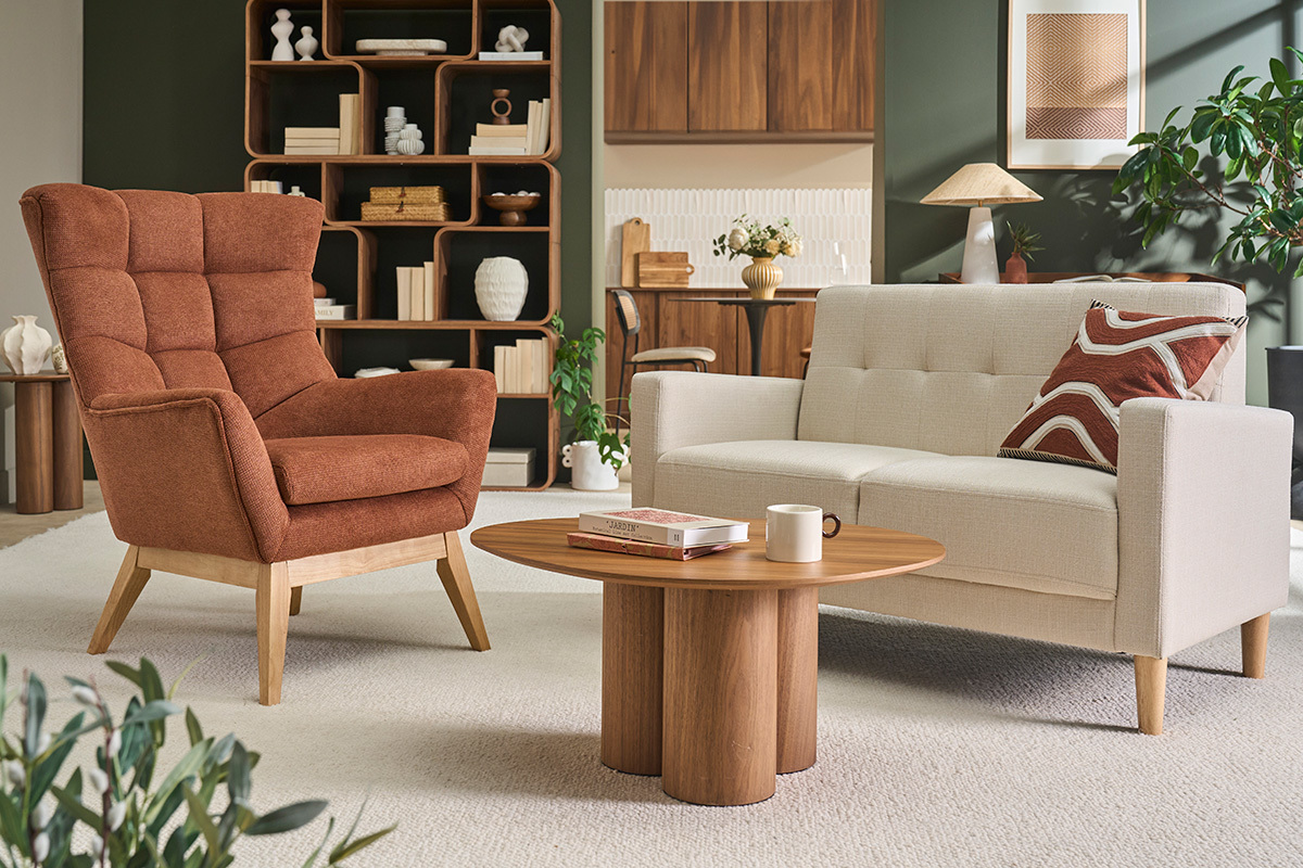 Canap� scandinave 2 places en tissu beige et bois clair MOON