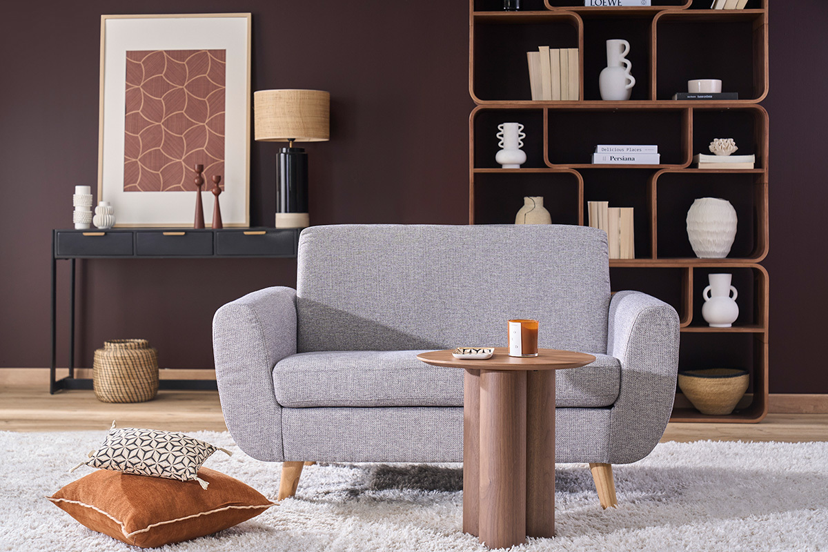 Canap� scandinave 2 places en tissu beige et bois clair PURE