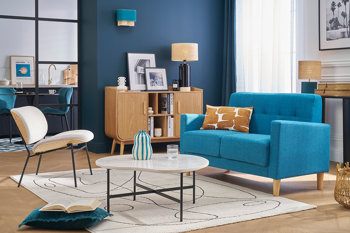 Canap� scandinave 2 places en tissu bleu canard et bois clair MOON