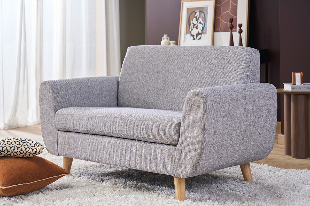 Canap� scandinave 2 places en tissu bleu canard et bois clair PURE