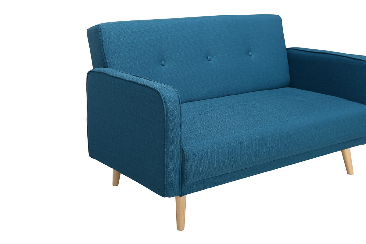 Canap scandinave 2 places en tissu bleu canard et bois clair ULLA
