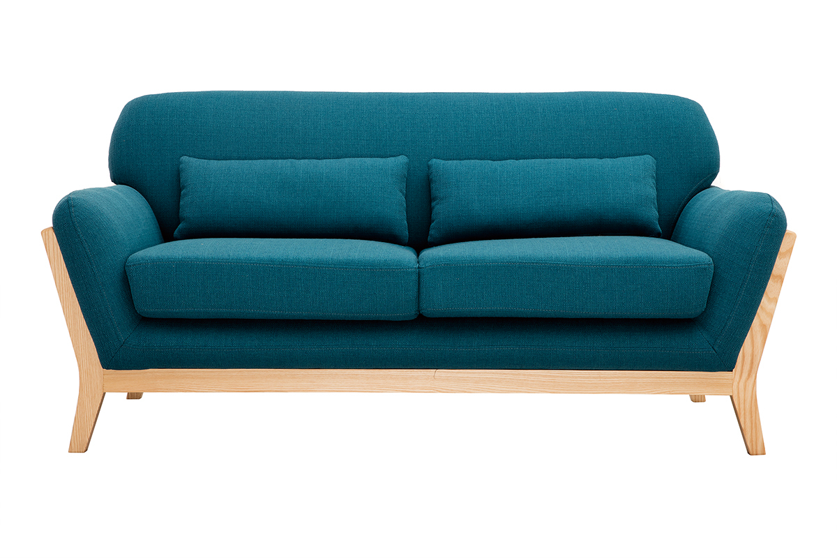 Canap scandinave 2 places en tissu bleu canard et bois clair YOKO