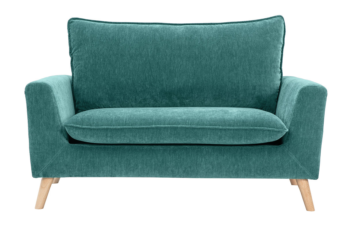 Canap� scandinave 2 places en tissu effet velours bleu canard et bois clair JONAS