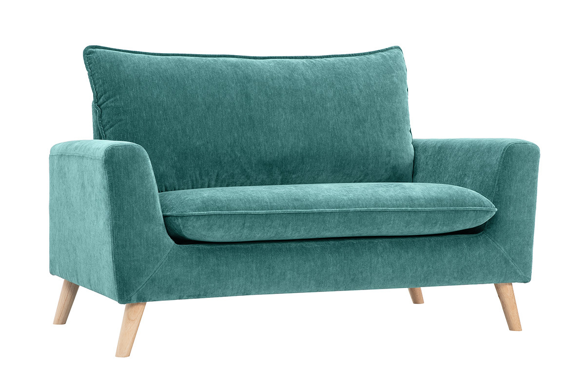 Canap� scandinave 2 places en tissu effet velours bleu canard et bois clair JONAS