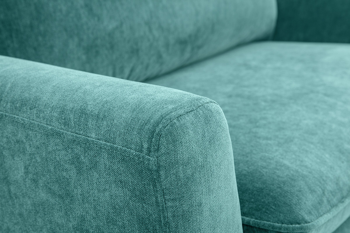 Canap� scandinave 2 places en tissu effet velours bleu canard et bois clair JONAS