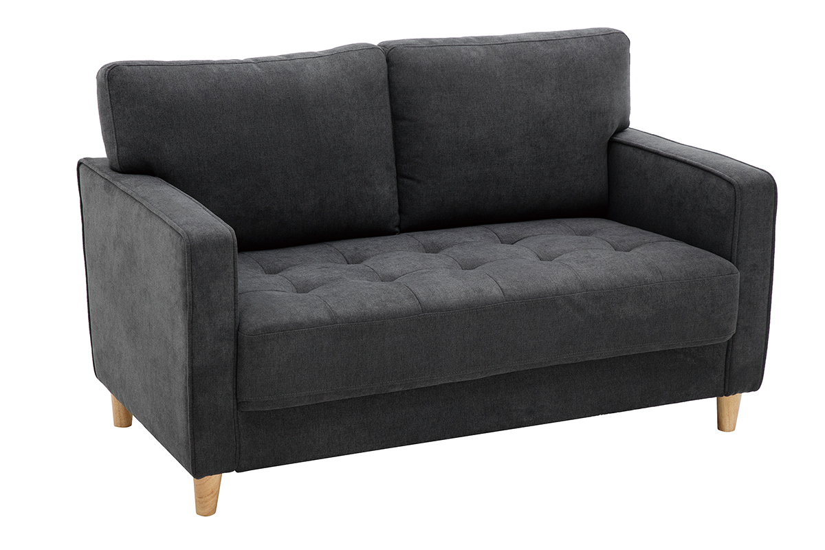Canap scandinave 2 places en tissu effet velours gris fonc et bois clair CUMBIA