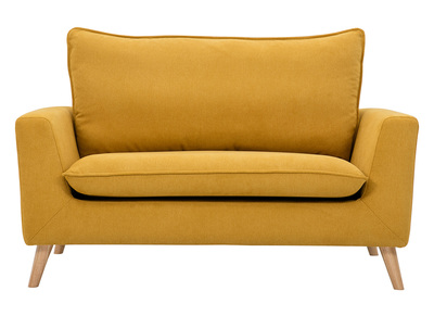 Canapé scandinave 2 places en tissu effet velours jaune moutarde et bois clair JONAS