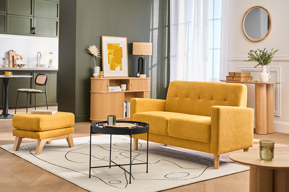 Canap� scandinave 2 places en tissu effet velours jaune moutarde et bois clair MOON