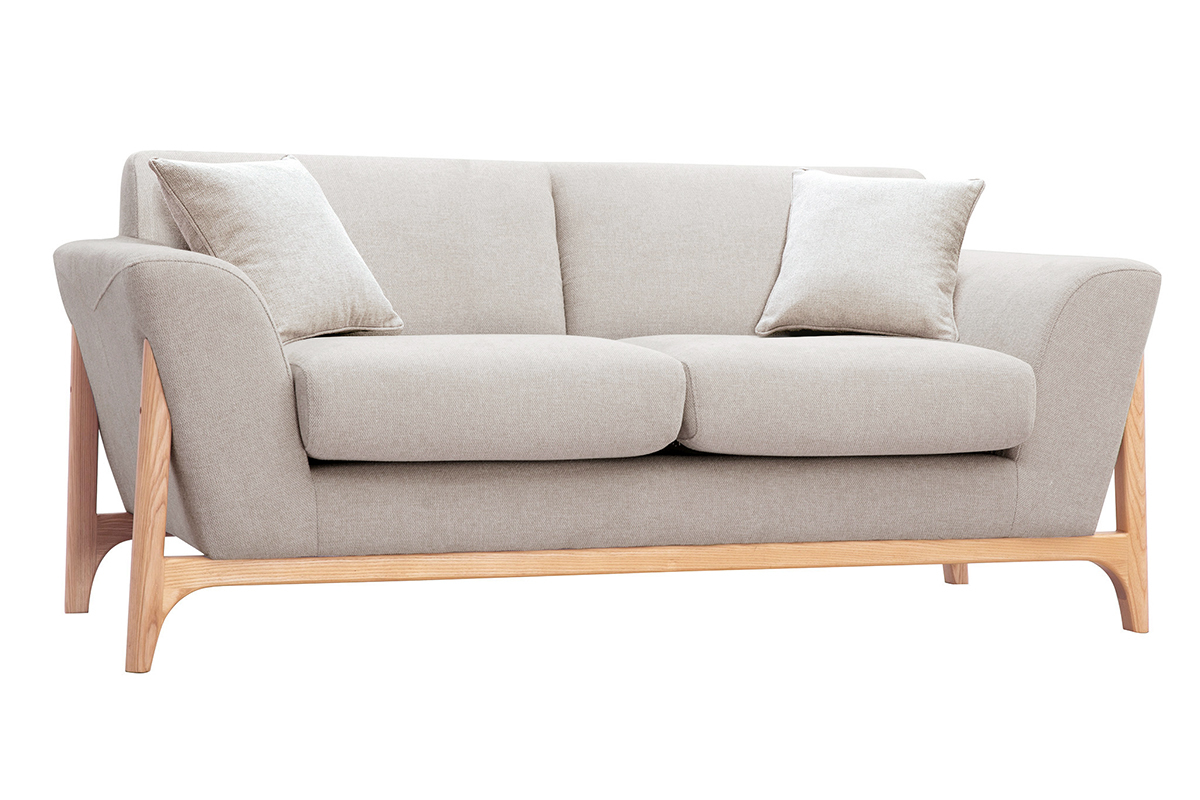 Canap scandinave 2 places en tissu effet velours textur beige et bois clair ASAKO