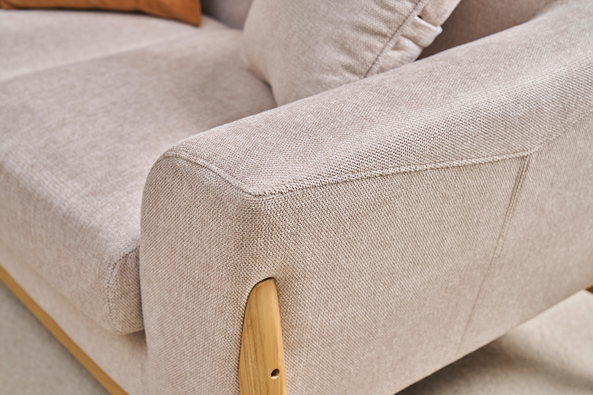 Canap scandinave 2 places en tissu effet velours textur beige et bois clair ASAKO