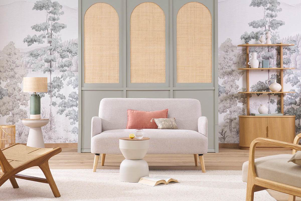 Canap scandinave 2 places en tissu effet velours textur beige et bois clair ISKO