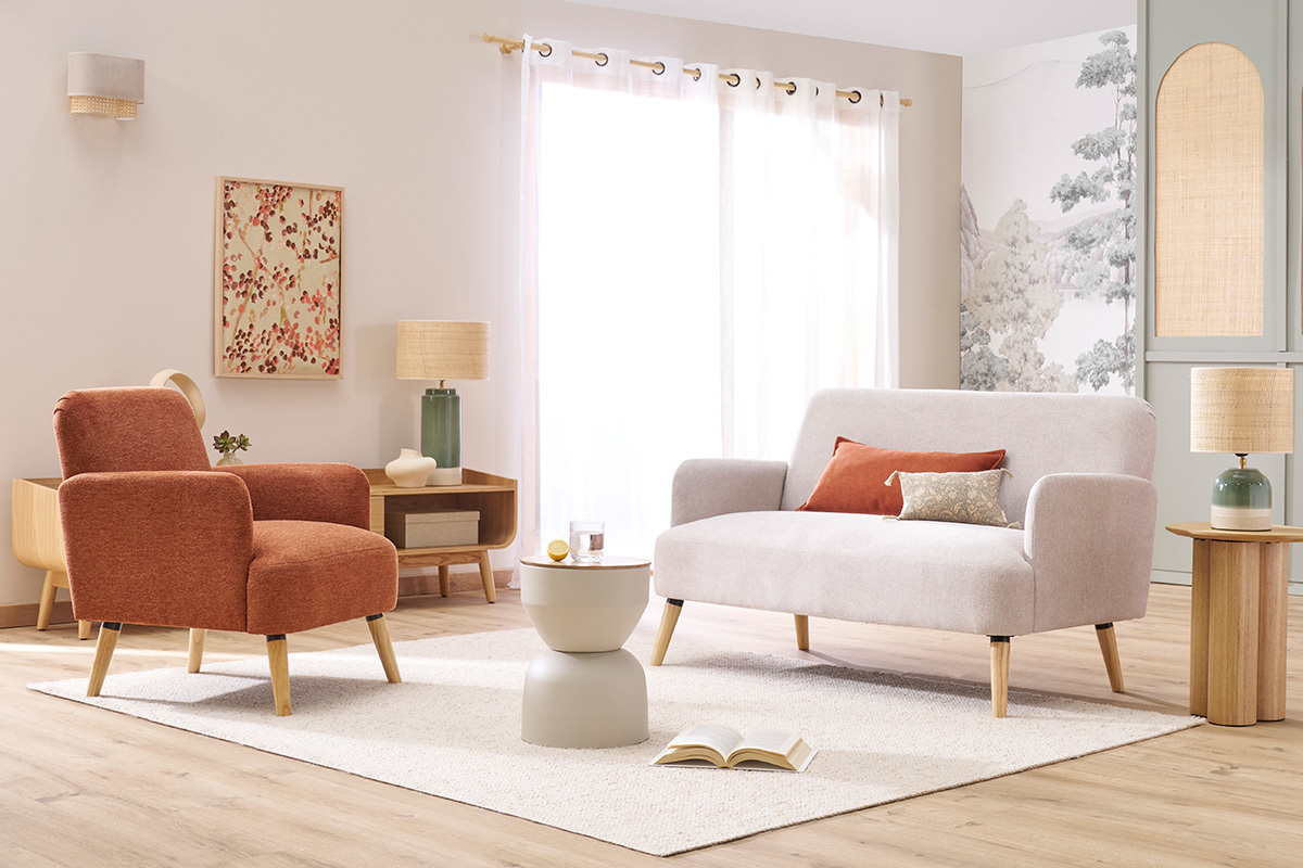 Canap scandinave 2 places en tissu effet velours textur beige et bois clair ISKO