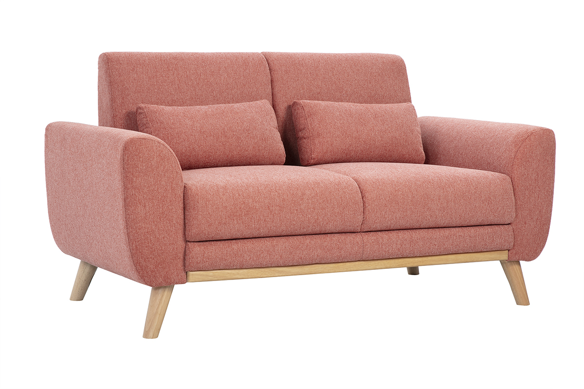 Canap scandinave 2 places en tissu effet velours textur terracotta et bois clair EKTOR