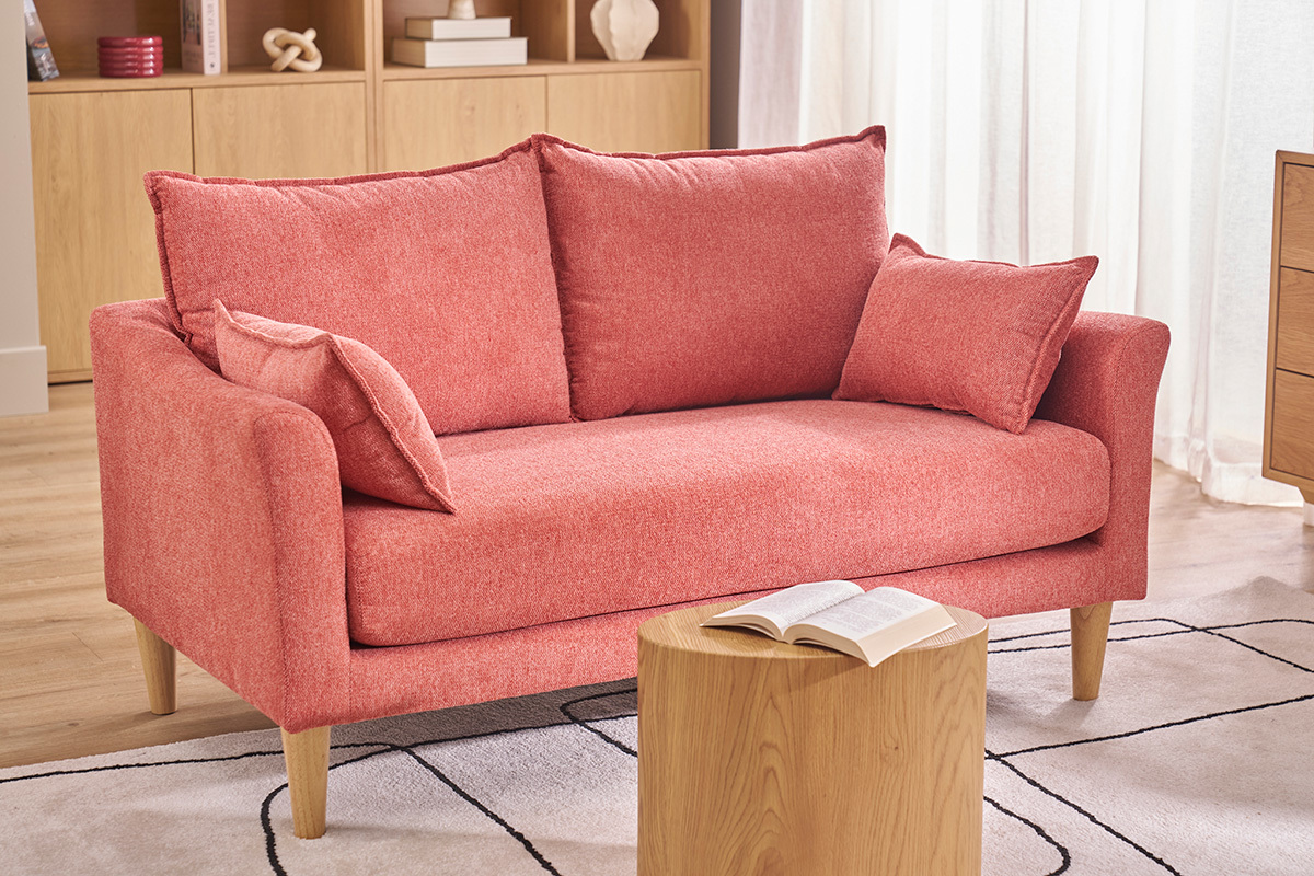 Canap� scandinave 2 places en tissu effet velours textur� terracotta et bois clair KATE
